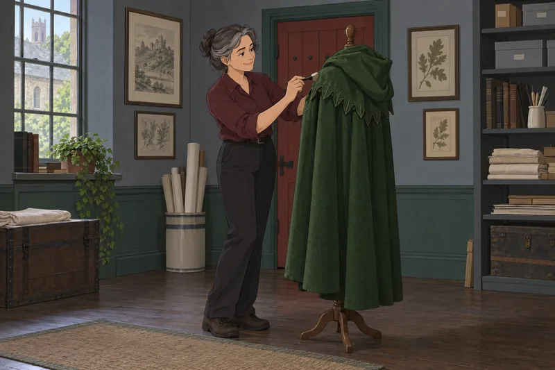 Robin Hood Quiz: curator examines a green hood.