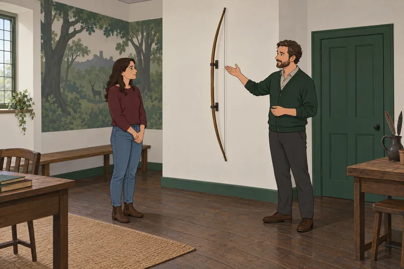 Robin Hood Quiz: a tutor presents a longbow.