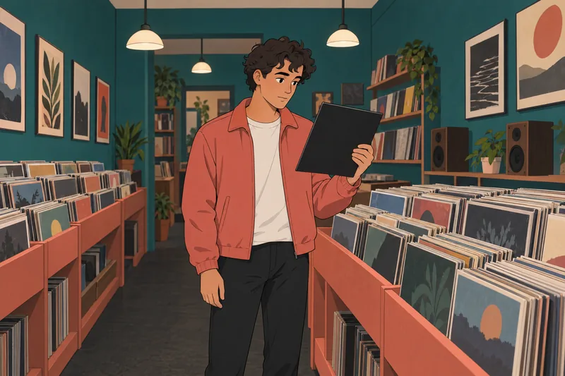 Rock Music Quiz shows a customer browsing vinyl.