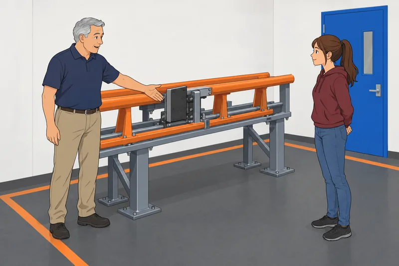 Roller Coaster Quiz: supervisor demonstrates a brake model.