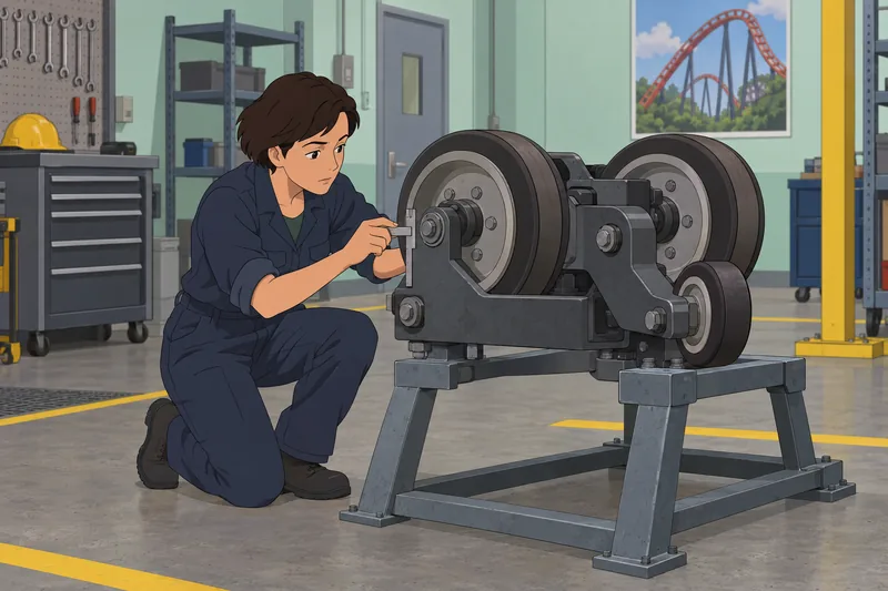 Roller Coaster Quiz: engineer inspects a wheel assembly.