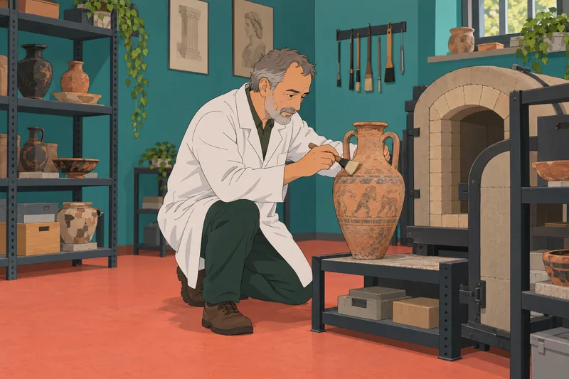 Roman God Quiz: conservator cleans a Roman amphora.