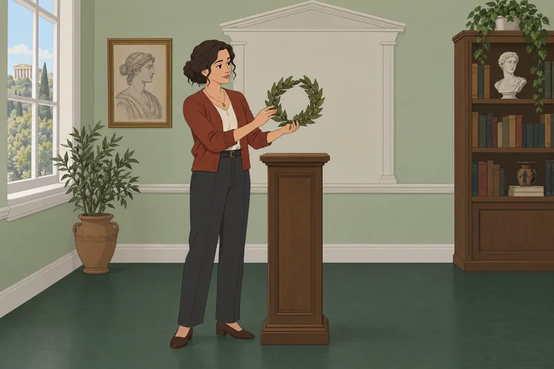 Roman God Quiz: curator examines a laurel wreath.