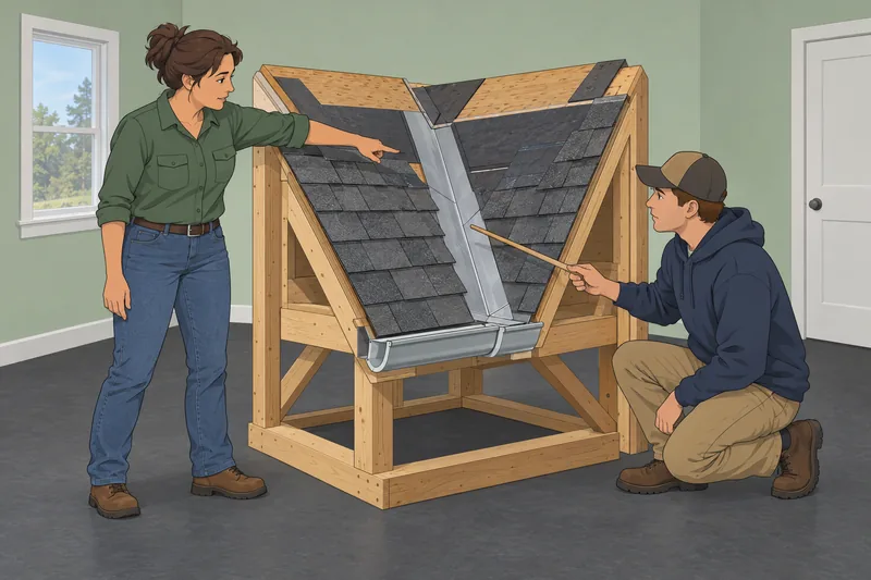Roofing Quiz: apprentice traces water across roof model.