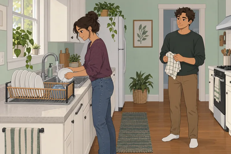 Roommate Compatibility Quiz shows two housemates sorting dishes.