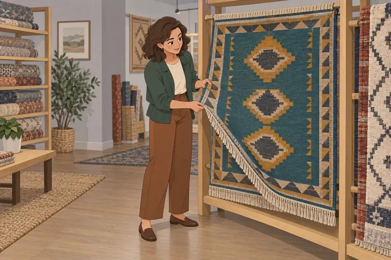 Rug Quiz: shopper studies a woven edge.