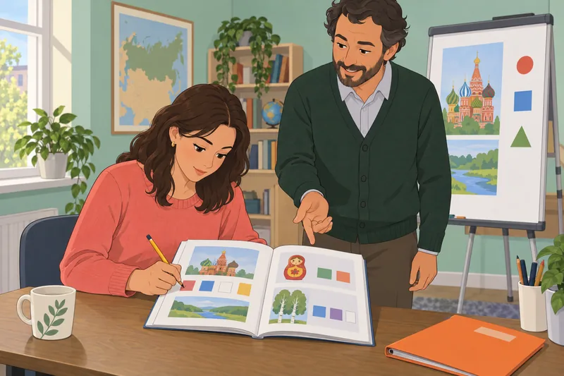 Russian Quiz appears in a language classroom.