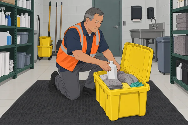 Safety and Sanitation shows careful spill-kit storage.