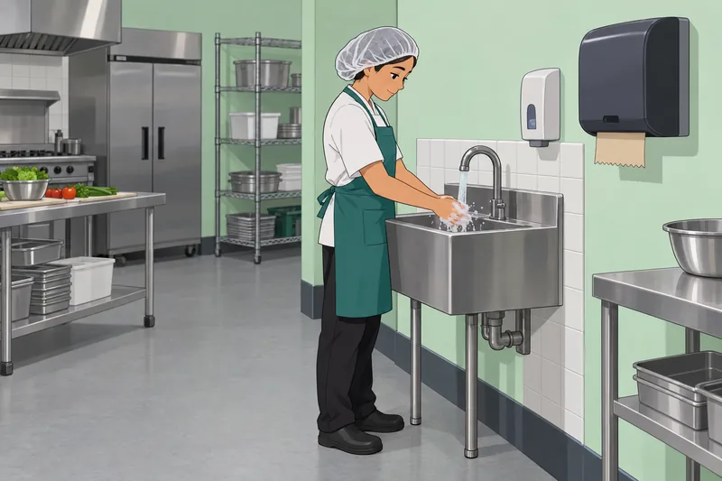 Safety and Sanitation shows a worker washing hands.