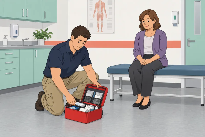 Safety Quiz shows a first-aid kit being opened.