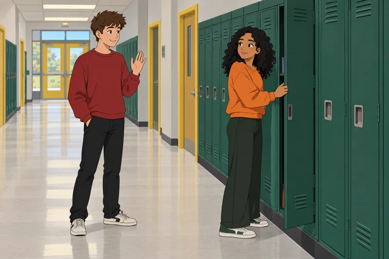 School and Friends meet beside a green locker.