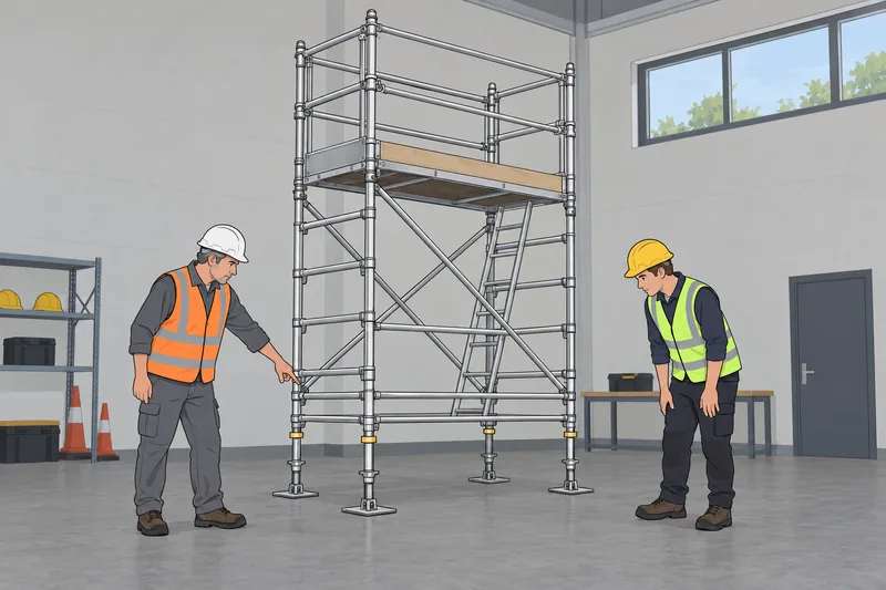 Scaffold Safety Quiz: supervisor checks the scaffold base.