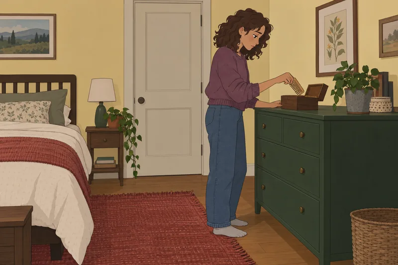 Scalp Picking Disorder pauses beside a dresser.