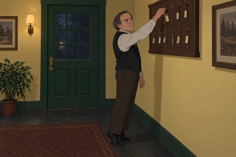 Scary Quiz: clerk holds an old brass key.