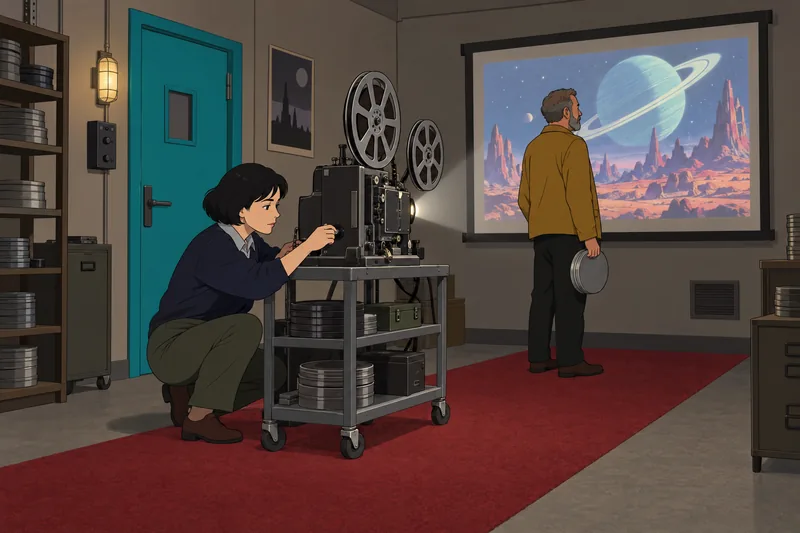 Sci-Fi Quiz: Projectionist adjusts a film projector.