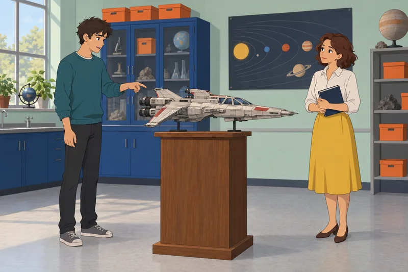 Sci-Fi Quiz: Student studies a starship model.
