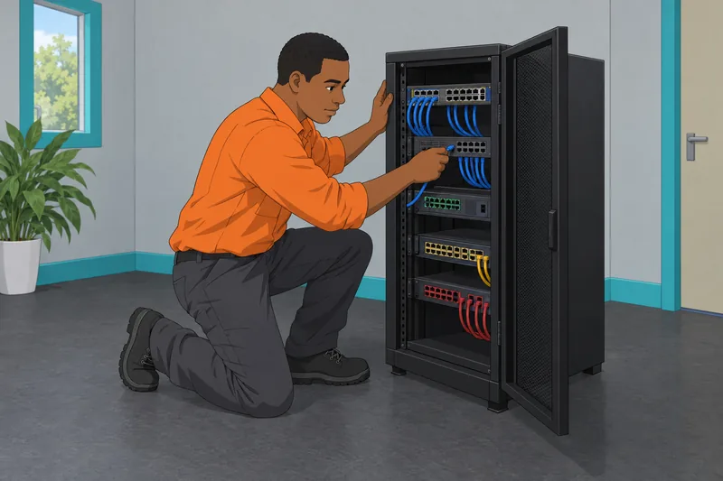 Science and Technology technician checks a server cabinet.