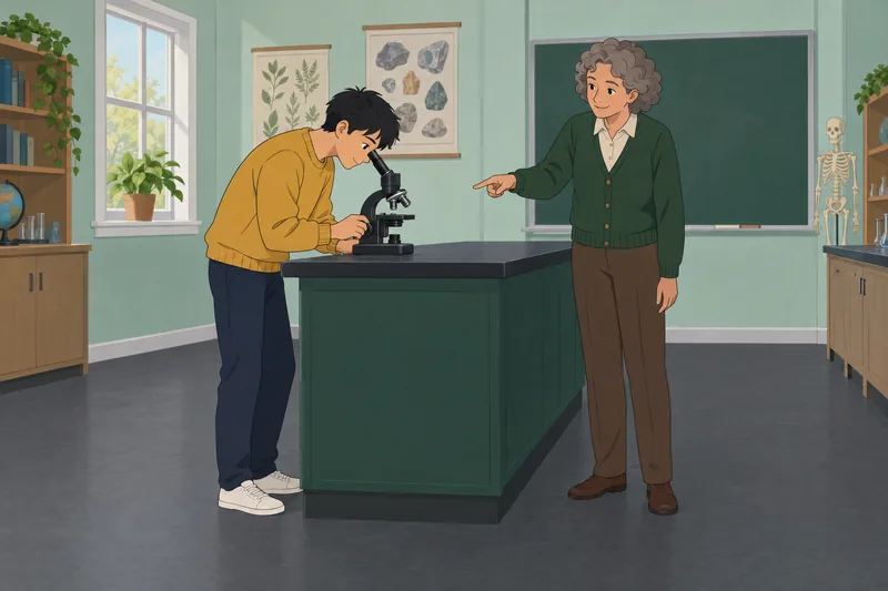 Science and Technology student studies a microscope.