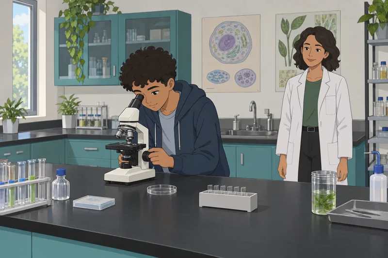 Science Grade 9 student studies a microscope.