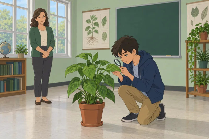 Science Grade 9 student examines a leaf.