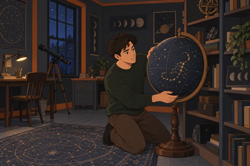Scorpio Quiz clue beside a star globe.