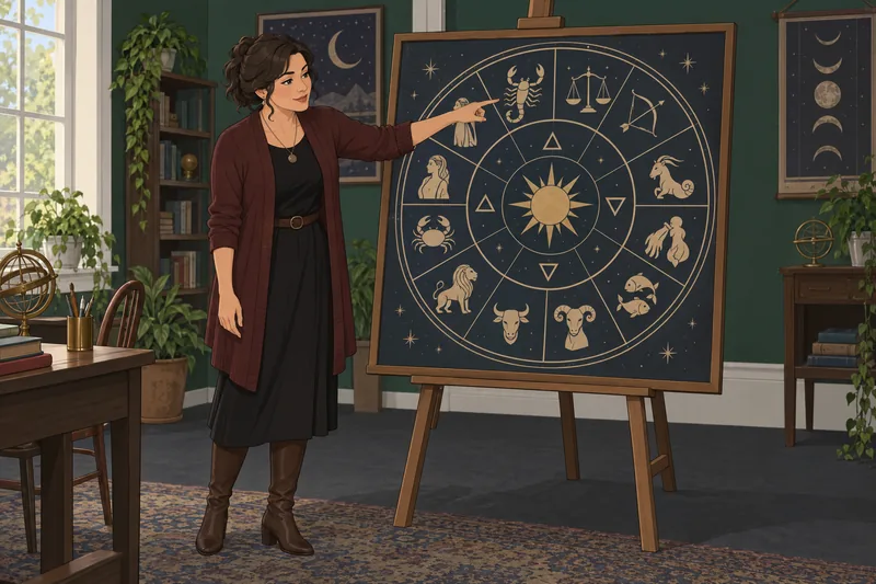 Scorpio Quiz knowledge scene in astrology classroom.