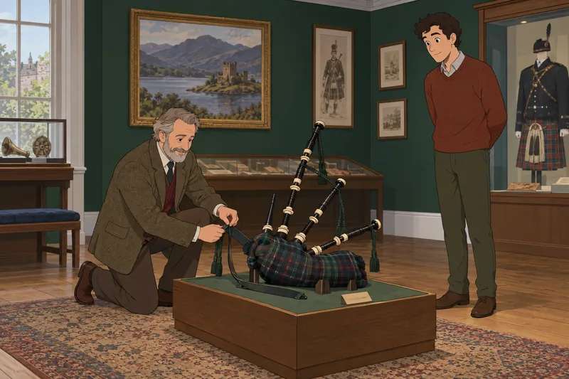 Scotland Quiz beside traditional bagpipes in a gallery.