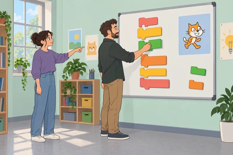 Scratch Quiz shows an instructor arranging coding blocks.