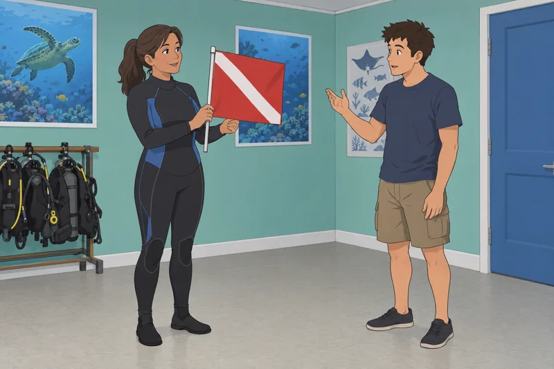 Scuba Diving Quiz: instructor presents a diver-down flag.