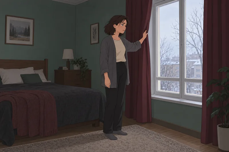 Seasonal Depression Quiz shows a woman opening curtains.