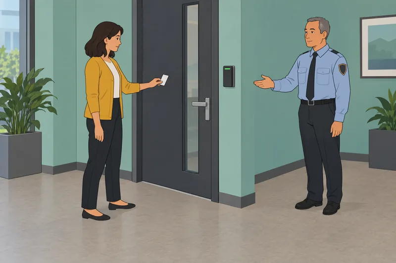 Security Awareness Training at a badge-controlled office entrance.