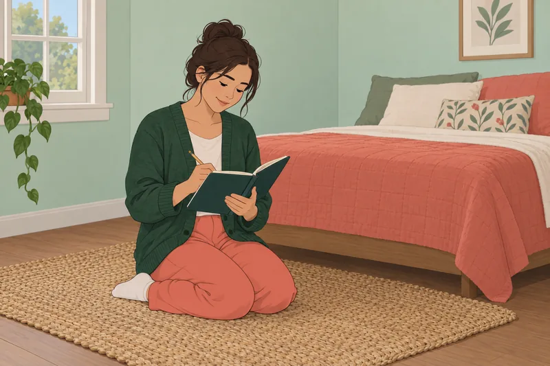 Self Compassion Test shows a woman journaling calmly.
