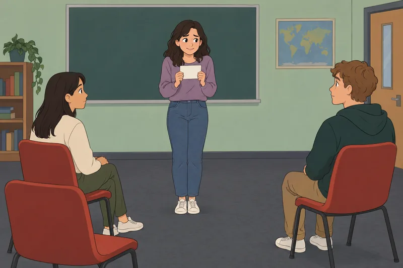 Self-Consciousness Scale (SCS-R) shows a tense classroom pause.