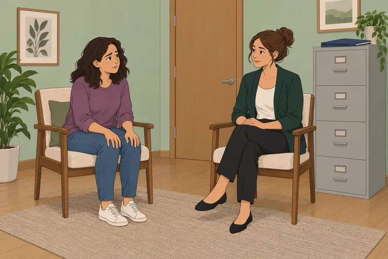 cuestionario sobre adicción muestra una conversación clínica tranquila.