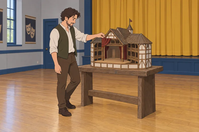 Shakespeare Biography Quiz enters a theatre rehearsal room.