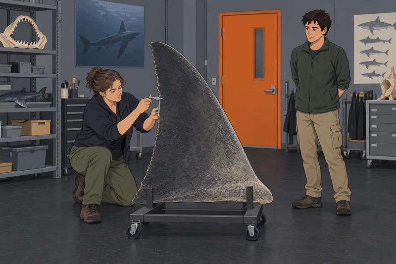 Shark Quiz: a curator studies a dorsal fin.