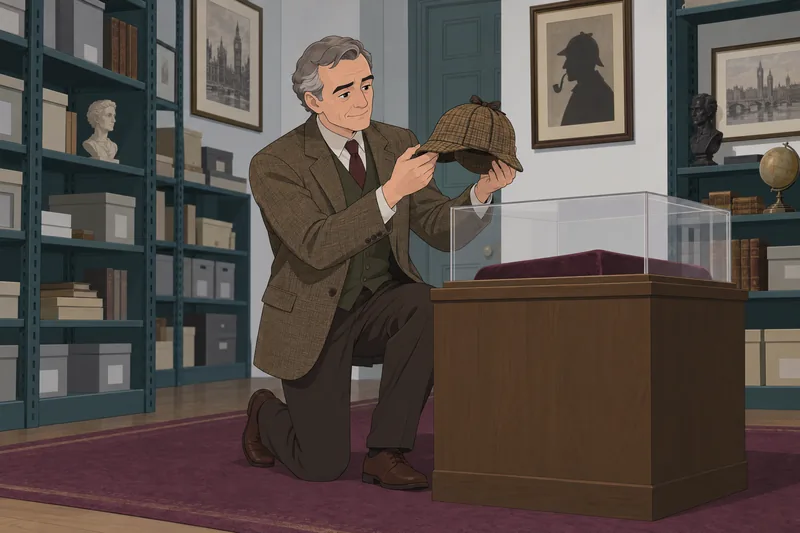 Sherlock Holmes Quiz: curator lifts the famous hat.