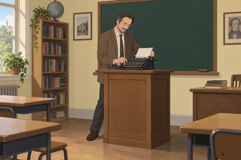 Short Stories Quiz appears beside an unmarked typewriter.