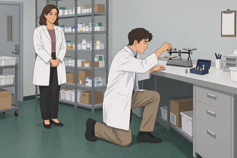 Should I Be: trainee calibrates a pharmacy balance.