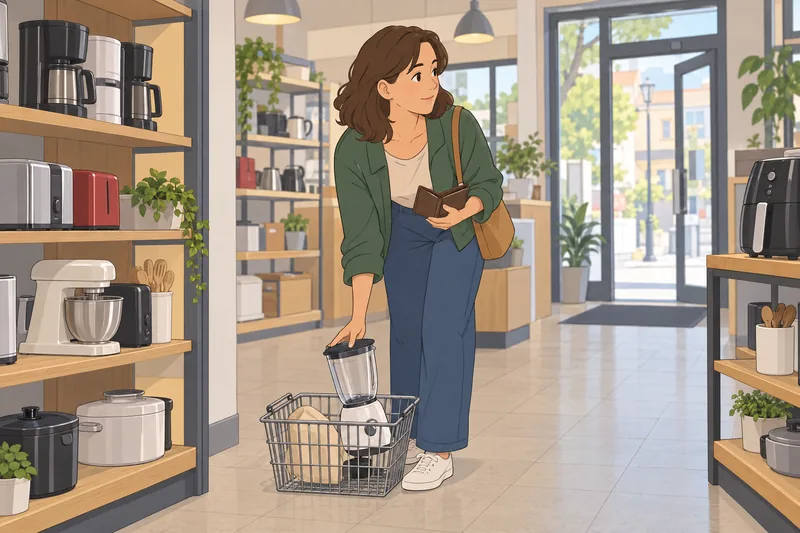 cuestionario ¿Debería comprarlo? Una compradora revisa una batidora.