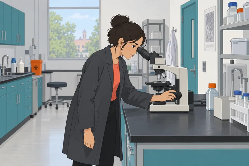 Should I Get: a researcher studies a microscope.