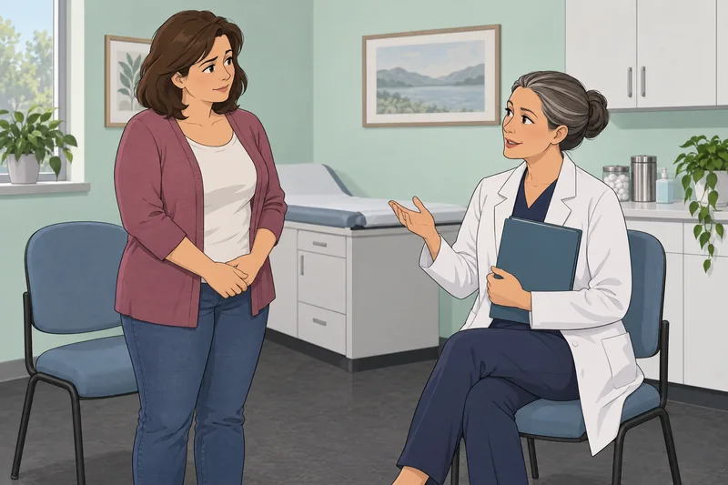 Should I Get? Patient reviews a clinic folder.