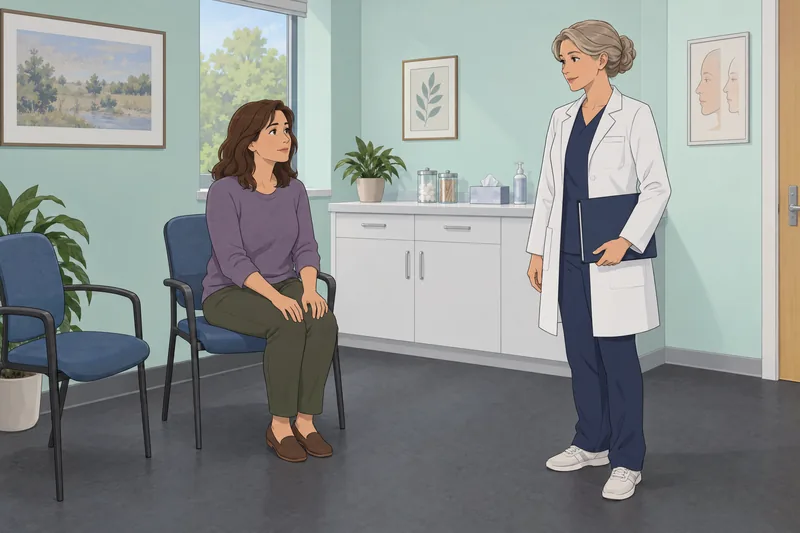 cuestionario ¿Debería hacerme? Paciente revisa una carpeta clínica.
