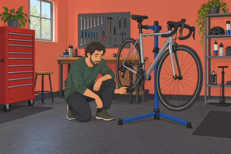 Should I Quit? Cyclist inspects bicycle indoors.