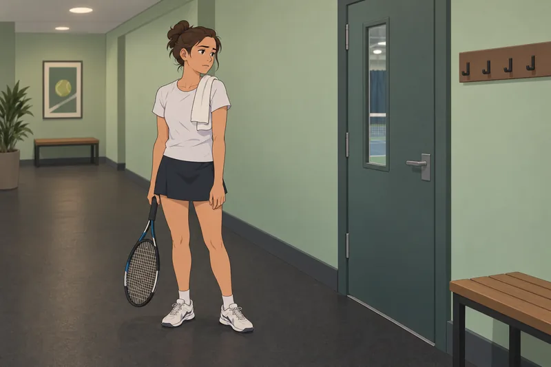Should I Quit? Athlete pauses beside racket.
