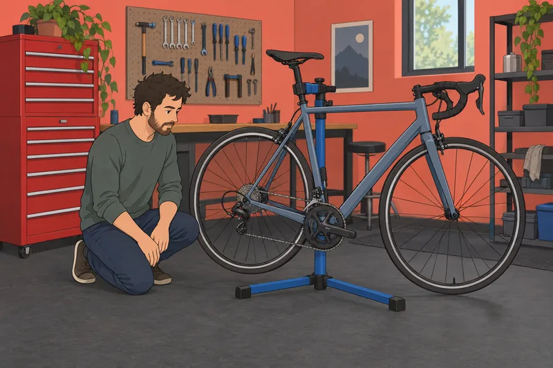 cuestionario ¿Debería dejar? Ciclista revisa bicicleta.
