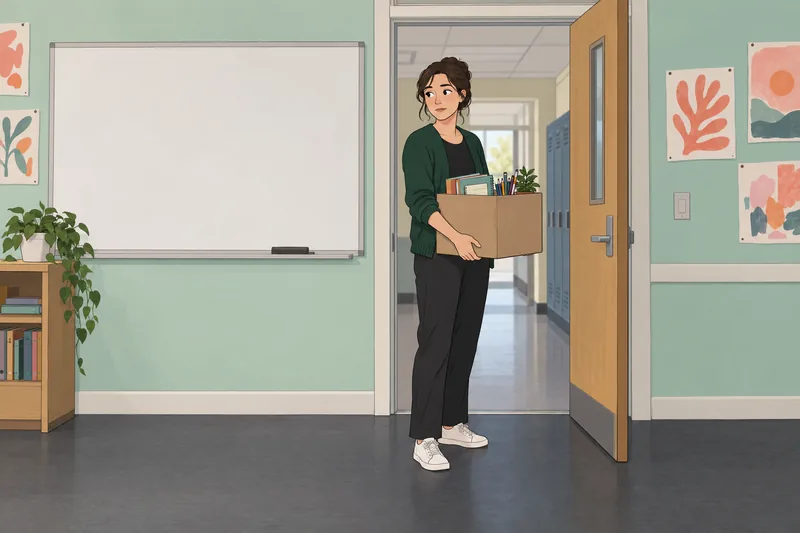Should I Quit: teacher pauses by packed box.