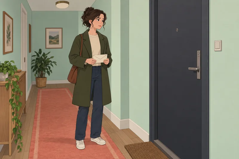 Should I Text: Woman pauses by a door.
