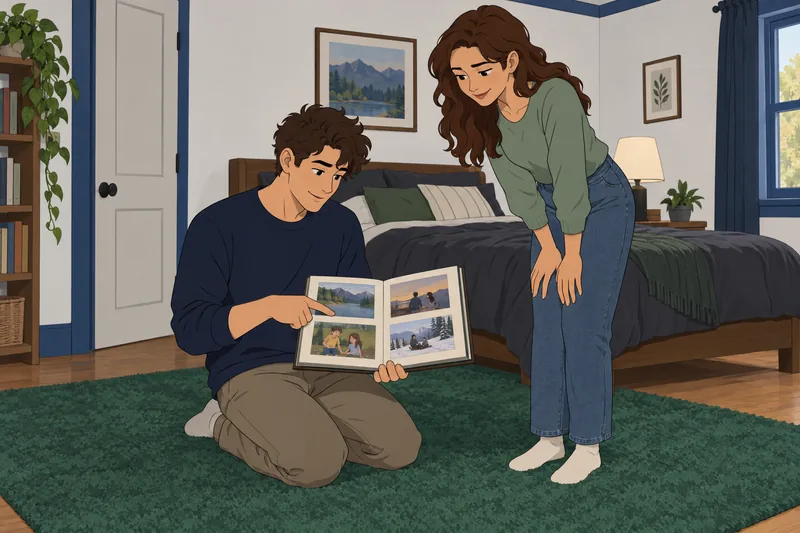 Sibling Quiz shows siblings reviewing a family album.
