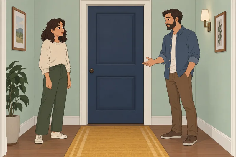 Sibling Quiz shows siblings discussing a closed door.